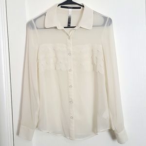 Kensie Sheer Off-White Button-Up Collared Shirt